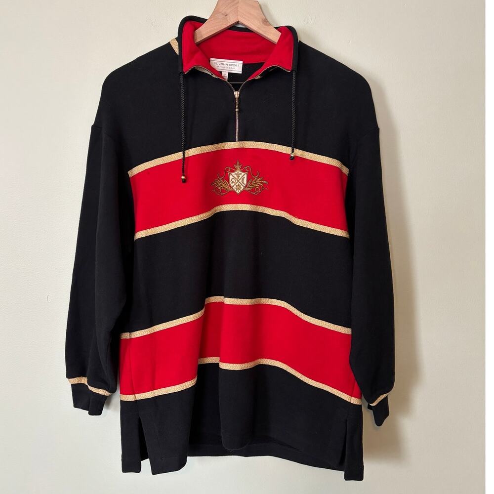 St. John Sport Vintage Nautical Sweater P Quarter Zip Black Red Gold Pullover